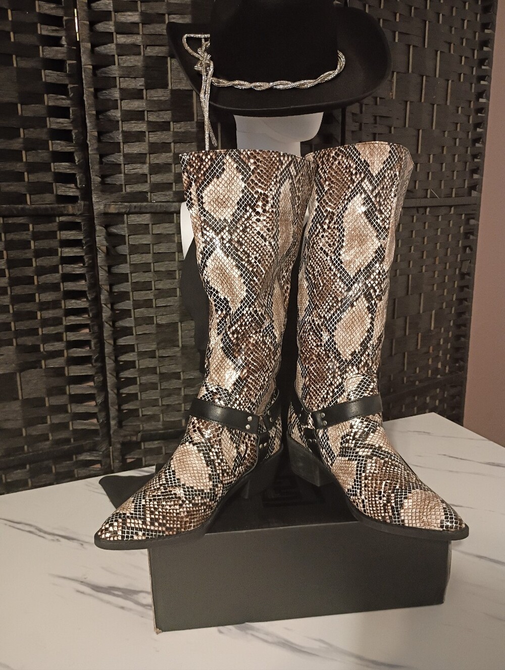 Super Sexy...Snakeskin Print Knee-High Western Boots - Tan/Black